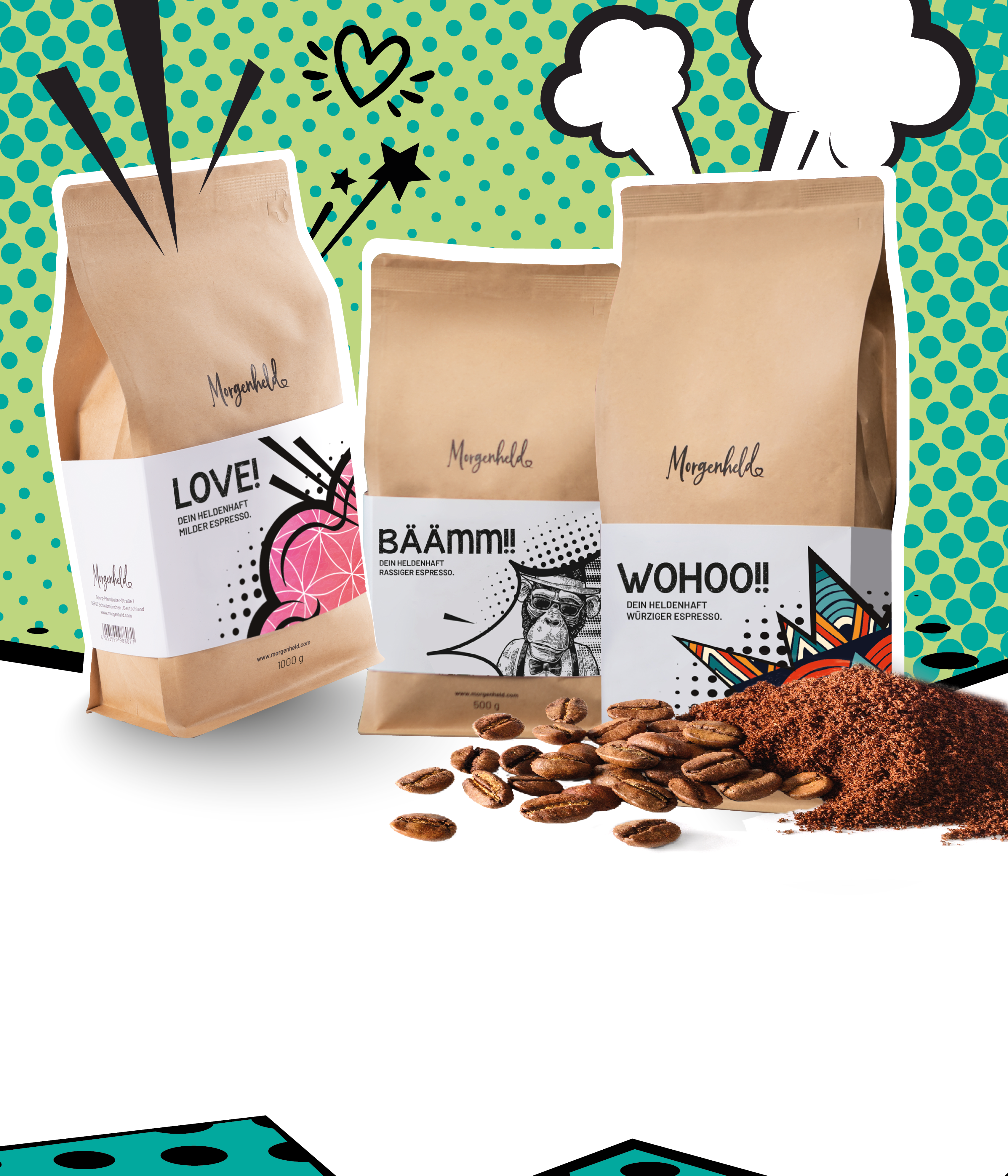 „Comic-Darstellung von drei bunten To-go-Bechern von Morgenheld – nachhaltige Mehrwegbecher für Kaffee und Getränke unterwegs