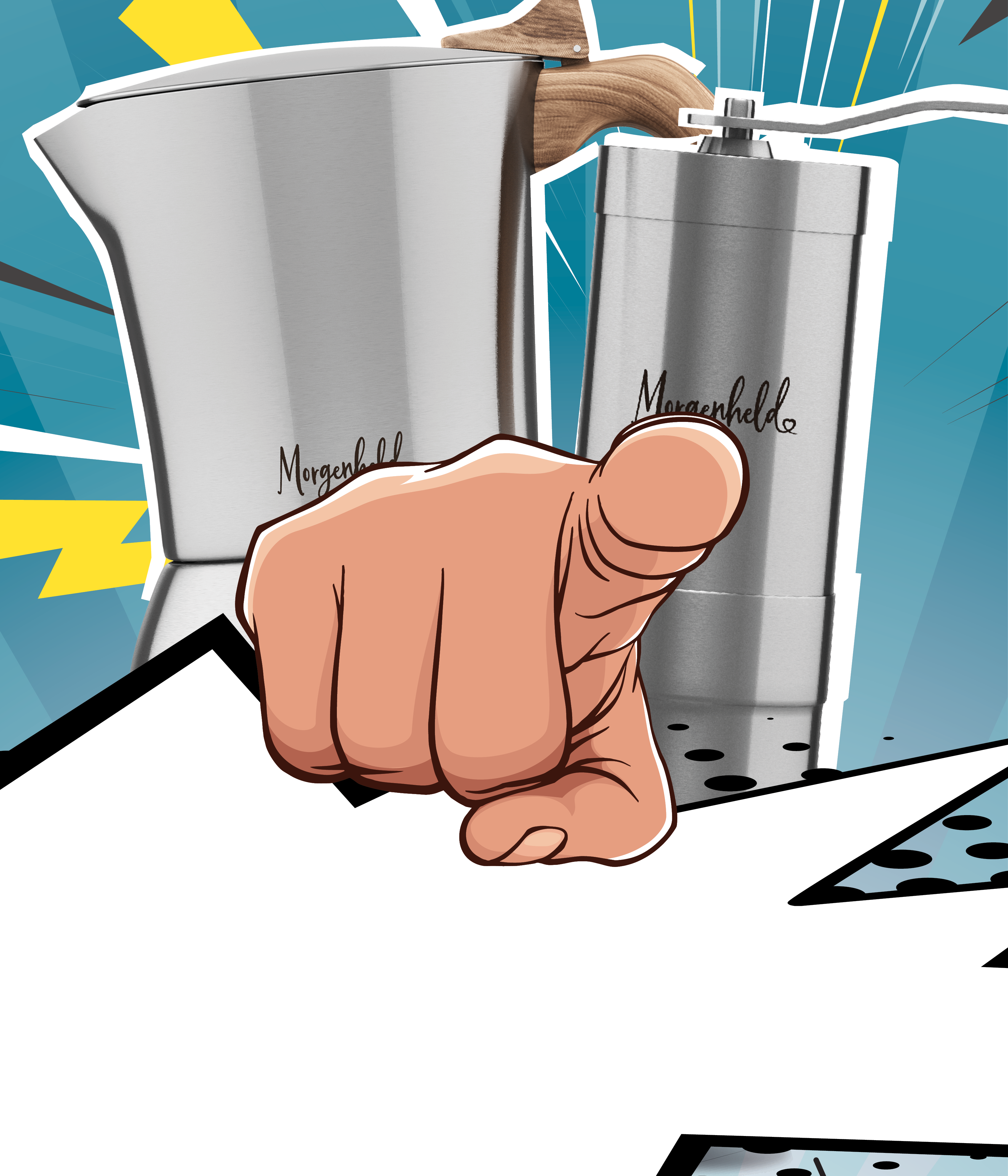 Comic-Darstellung der Edelstahl Espressokocher für die Kategorie Morgenheld Edelstahlzubereiter