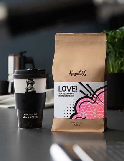 Morgenheld LOVE! Espresso 250g im Mehrfachpack – milder Espresso für jeden Anlass inkl Monkey Becher to Go