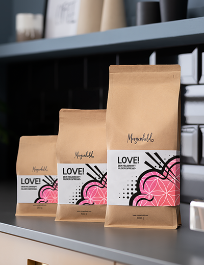 LOVE! Espresso 250g – Verpackungsvorderseite mit Morgenheld-Logo und Produktname in 3 Größen 250 g, 500g, 1000g