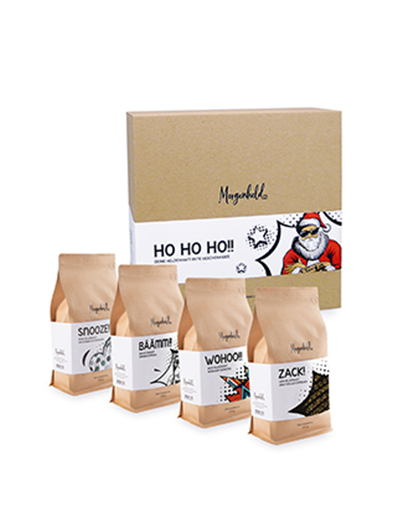 HO HO HO!! Kaffeegeschenkset von Morgenheld mit vier 250‑g‑Espressoröstungen.