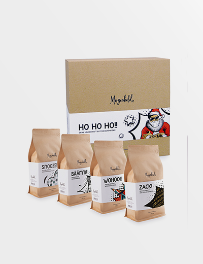 HO HO HO!! Kaffeegeschenkset von Morgenheld mit vier 250‑g‑Espressoröstungen.