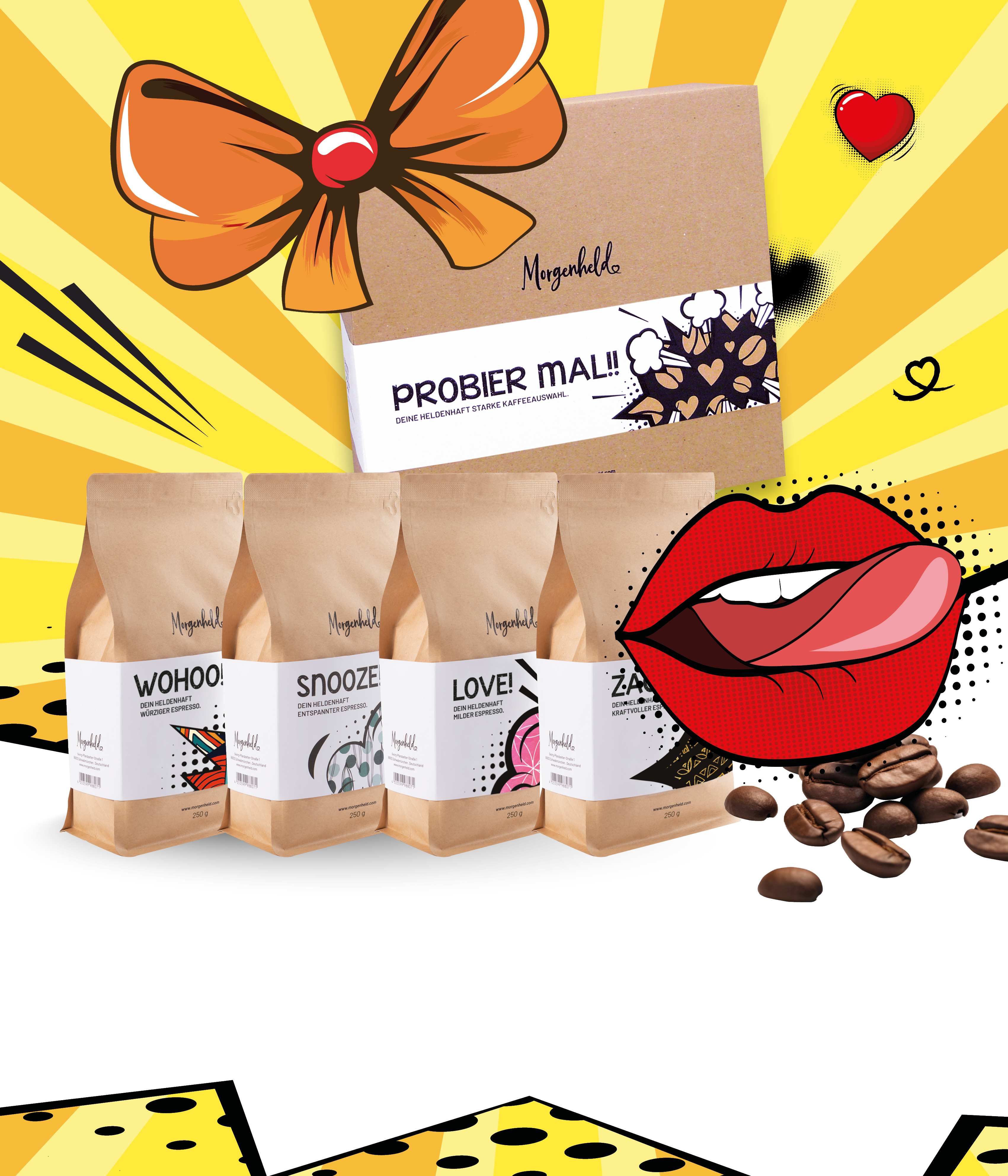 Comic-Illustration von der Morgenheld Probierbox: Diese enthält 4 x 250 g Kaffee- und Espressobohne