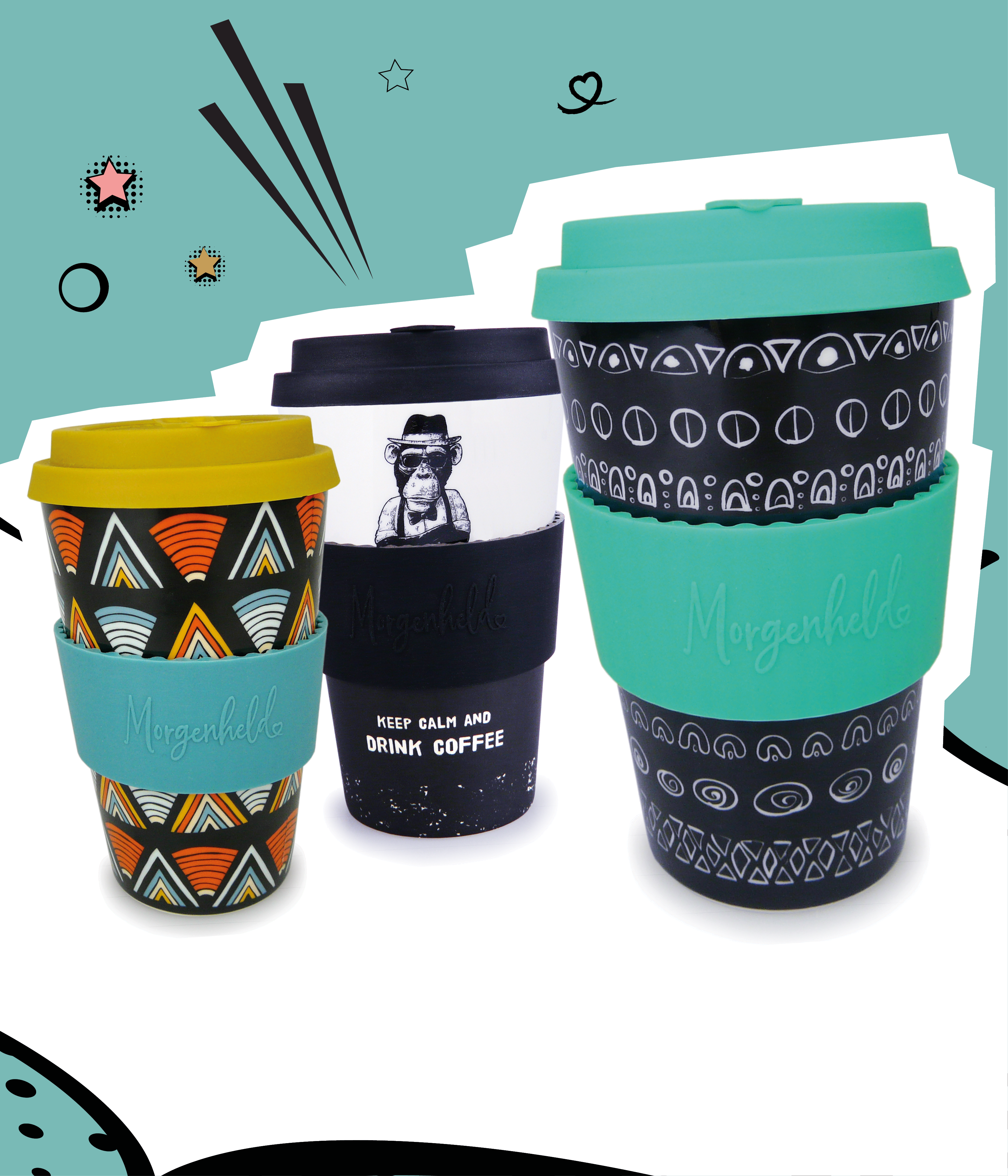 „Comic-Darstellung von drei bunten To-go-Bechern von Morgenheld – nachhaltige Mehrwegbecher für Kaffee und Getränke unterwegs