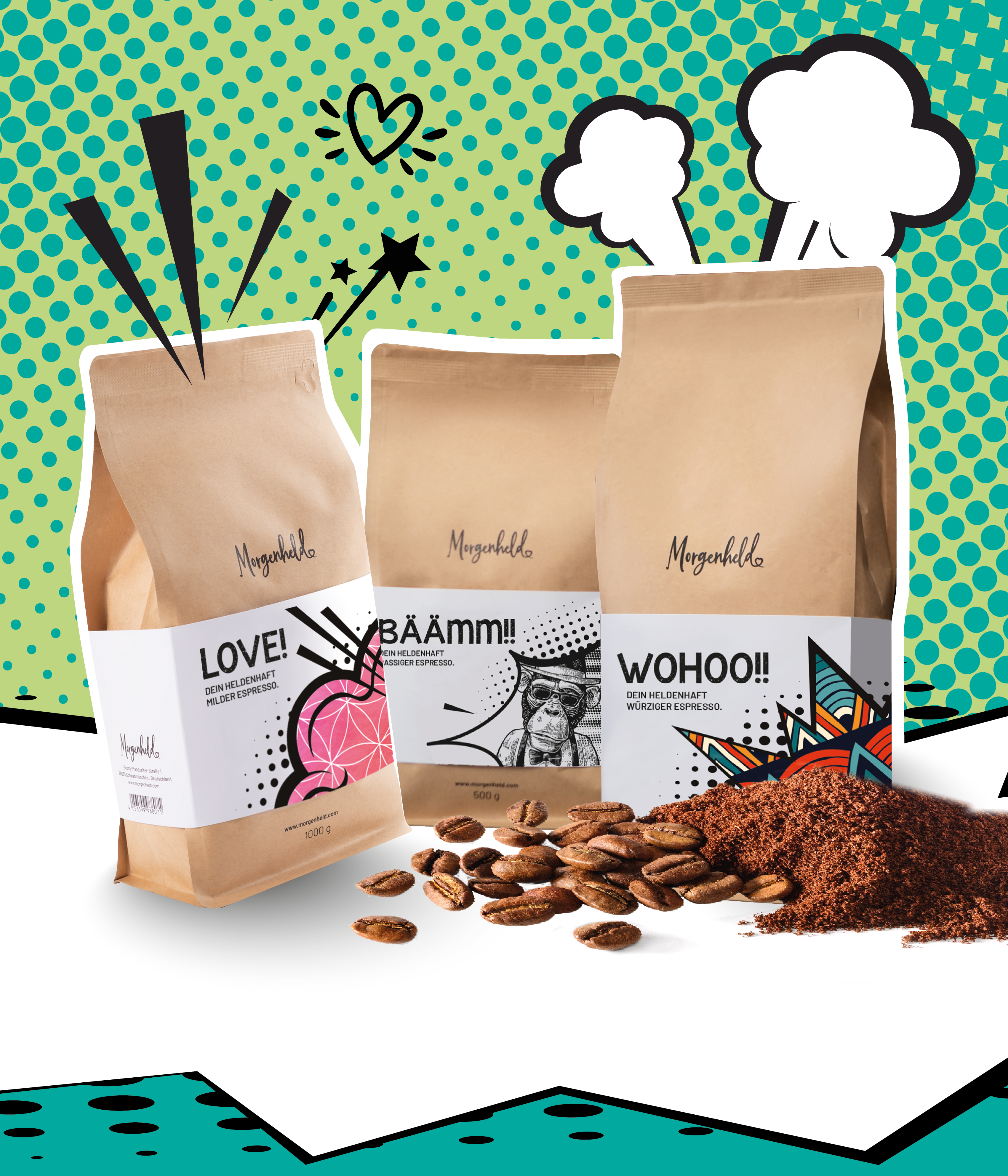 Drei Kaffeeverpackungen der Marke Morgenheld im Comicstyle: ideal für Morgenheld-Kaffeegenuss.