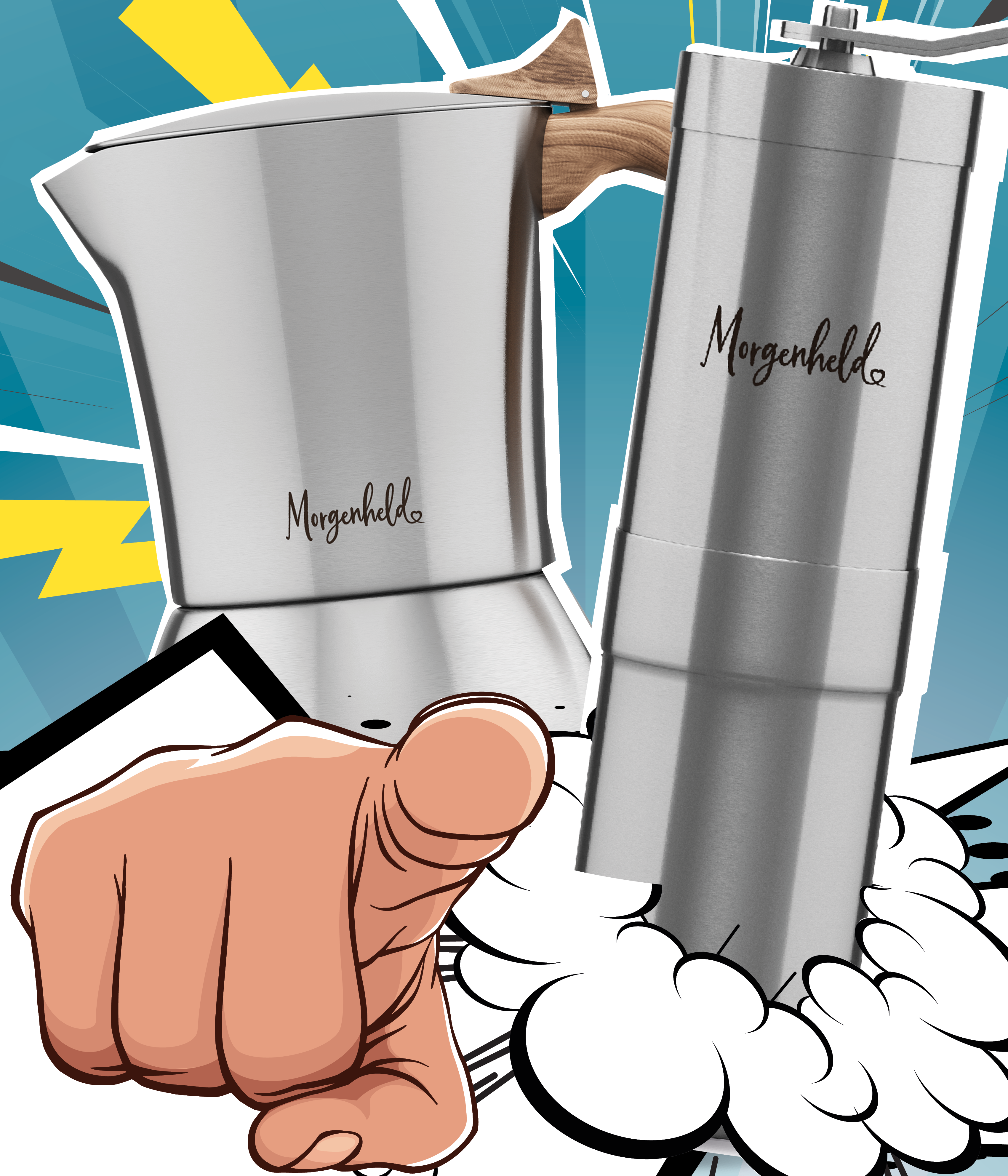 Comic-Zeichnung eines Morgenheld Edelstahl-Espressokochers und einer Morgenheld Edelstahl-Kaffeemühle, nebeneinander dargestellt