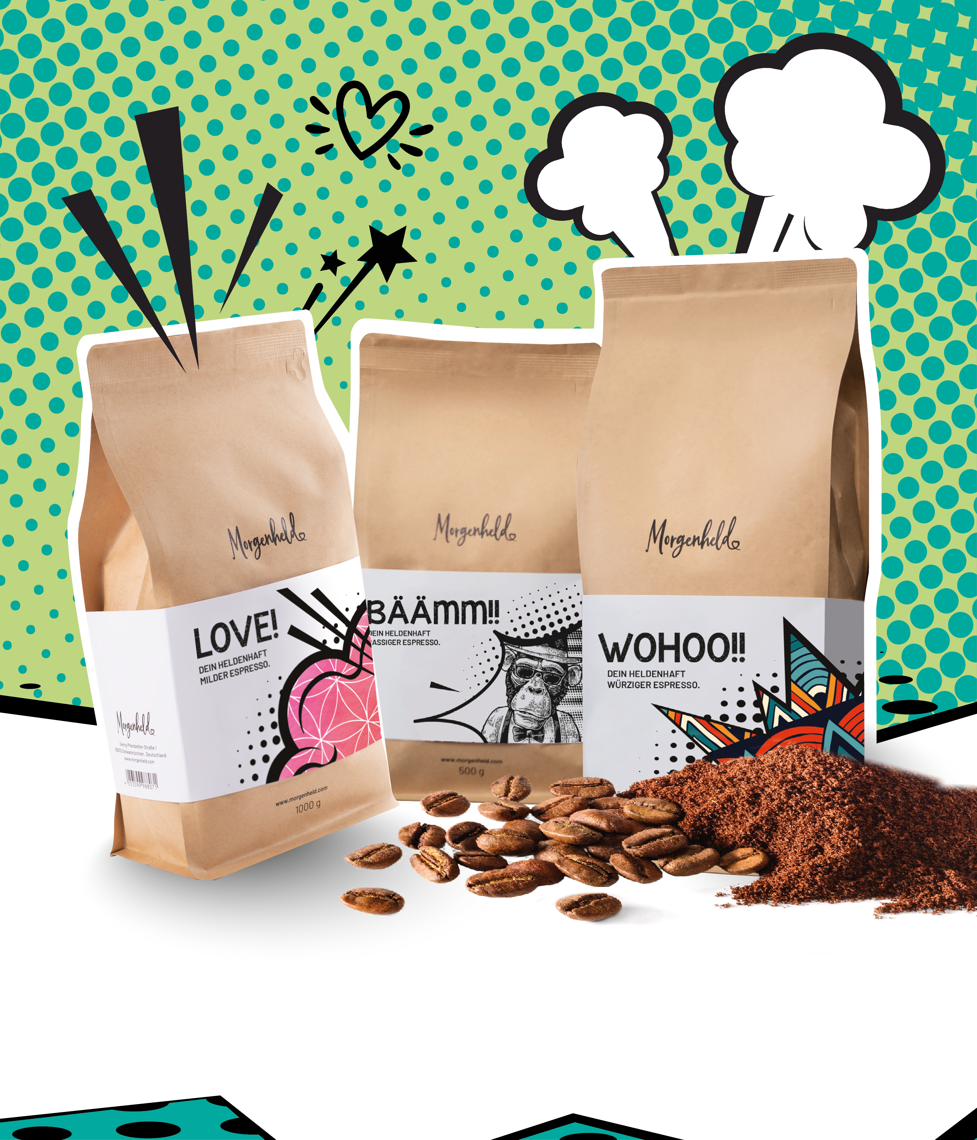 „Comic-Darstellung von drei bunten To-go-Bechern von Morgenheld – nachhaltige Mehrwegbecher für Kaffee und Getränke unterwegs