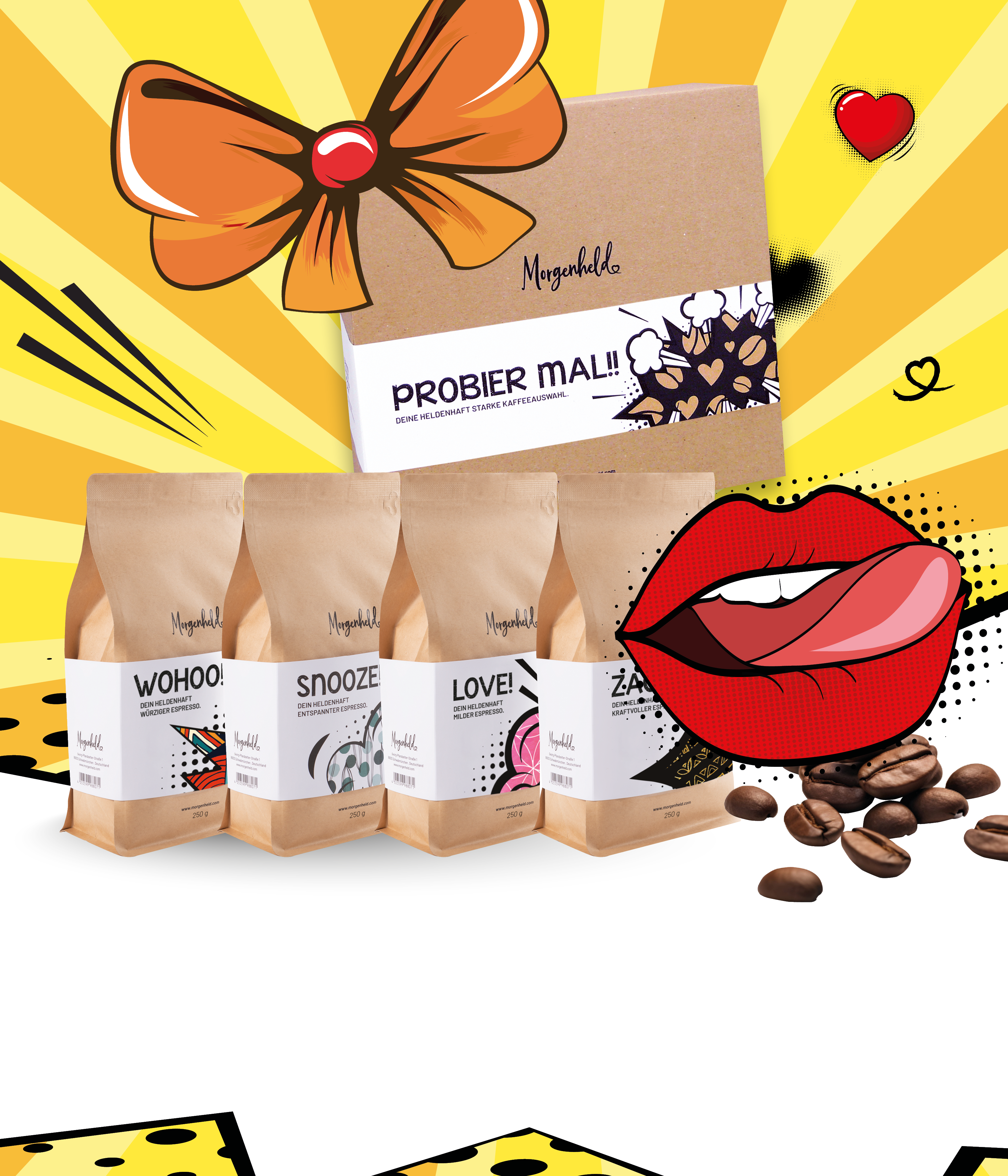 Comic-Illustration von der Morgenheld Probierbox: Diese enthält 4 x 250 g Kaffee- und Espressobohne