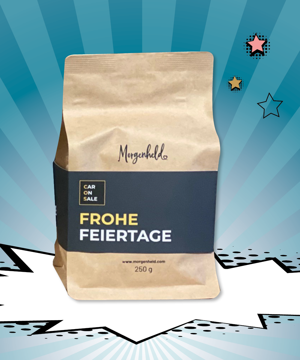 gebrandete Morgenheld-Espressoverpackung mit individueller Banderole für Frohe Feiertage von CaronSale