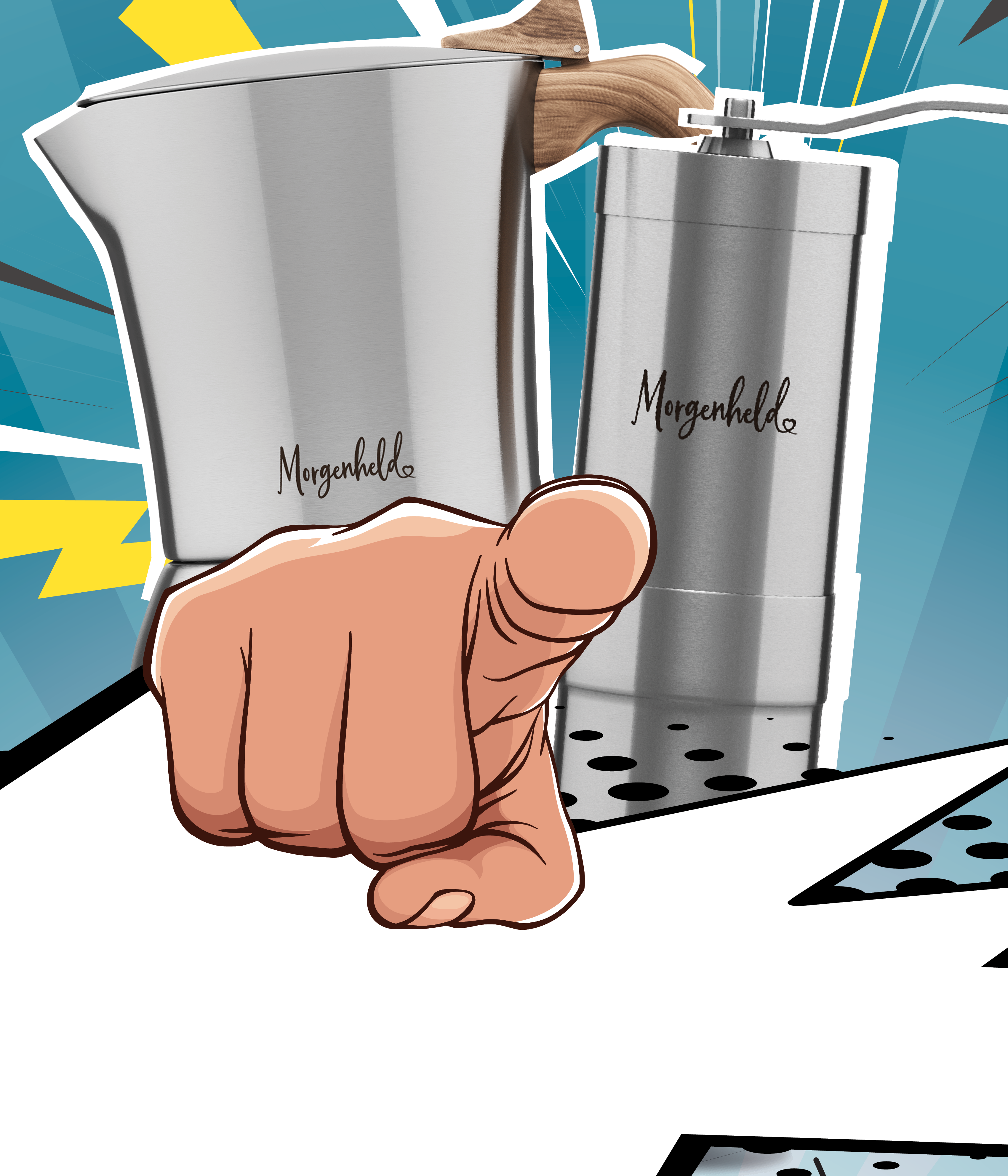 Comic-Zeichnung eines Morgenheld Edelstahl-Espressokochers und einer Morgenheld Edelstahl-Kaffeemühle, nebeneinander dargestellt
