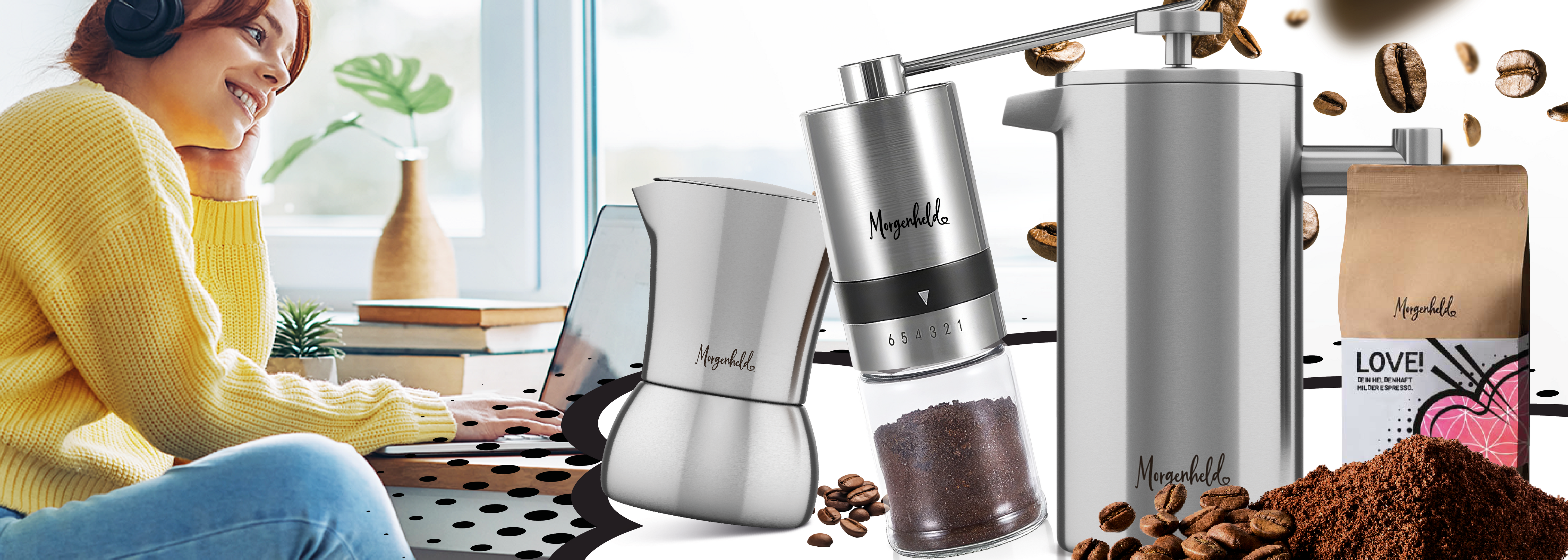 Junge Frau genießt Musik, während sie mit Morgenheld Kaffeemühle und Espressokocher frischen Kaffee zubereitet – entspannter Kaffeegenuss am Morgen