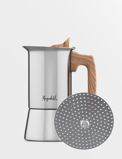 Edelstahl-Espressokocher von MORGENHELD mit Reduziereinsatz für bis zu 4 Tassen, geeignet für alle Herdarten, inklusive Sicherheitsventil und spülmaschinengeeignet.