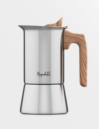 Edelstahl-Espressokocher von MORGENHELD mit Reduziereinsatz für bis zu 6 Tassen, geeignet für alle Herdarten, inklusive Sicherheitsventil und spülmaschinengeeignet.