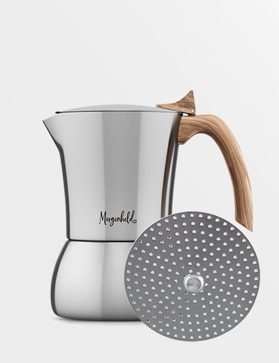 Espressokocher Premium von MORGENHELD aus poliertem Edelstahl, geeignet für alle Herdarten inklusive Induktion, mit Reduziereinsatz für 2 oder 4 Tassen, ergonomischem Griff und Sicherheitsventil.