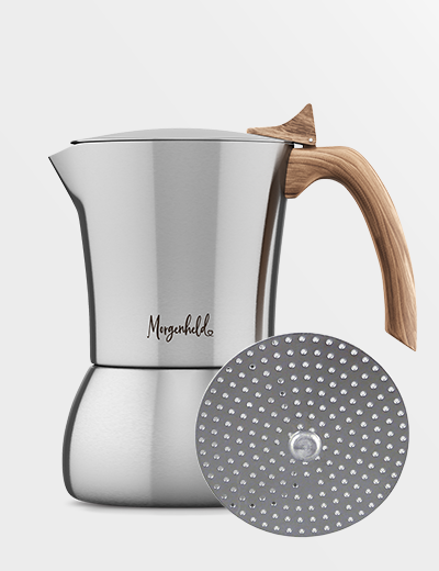 spressokocher Premium von MORGENHELD aus poliertem Edelstahl, geeignet für alle Herdarten inklusive Induktion, mit Reduziereinsatz für 3 oder 6 Tassen, ergonomischem Griff und Sicherheitsventil.