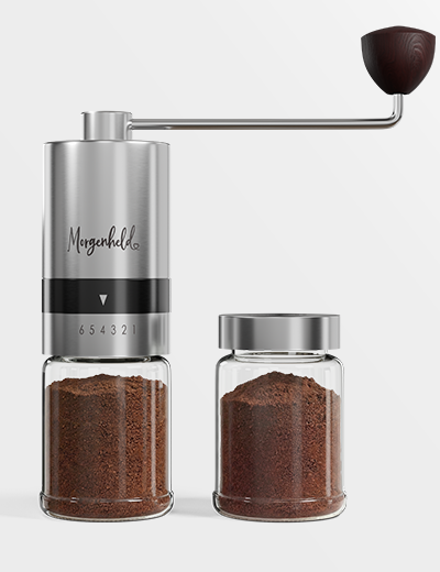 praktische Morgenheld Handkaffeemühle mit hochwertigem Edelstahlmahlwerk in 6 Stufen verstellbar