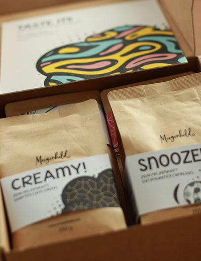 Morgenheld Probierbox mit vier farbenfrohen Kaffeepackungen, im Comic-Design als Geschenk